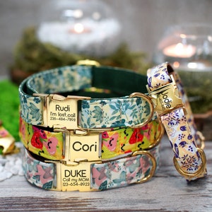 Personalized Dog Collar Leather Inside, Print Floral Dog Collar, Custom Dog Collar with Metal Buckle, Pet Collar for Dogs Small Medium Large