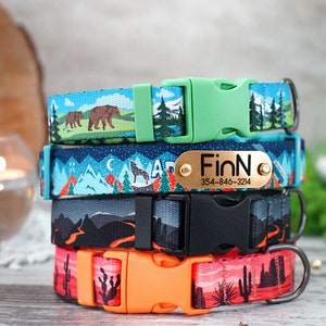 Nature Dog Collar with Name ID Tag, Mountains Print Dog Collar, Trees Dog Collar Forest, Pet Collar for Small Medium Large Dog Breeds