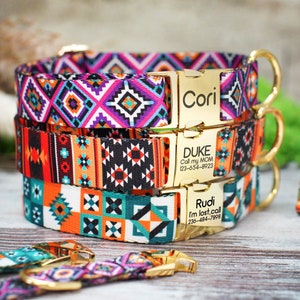 Personalized Dog Collar Pattern, Aztec Dog Collar Engraved, Southwest Print Dog Collar, Designer Dog Collars for Small Medium Large Dogs