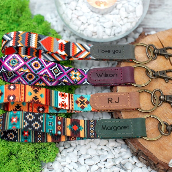 Pattern Wristlet Keychain, Tribal Design Key Fob, Custom Wrist Key Holder, Personalized Gifts for Him, Boho Keychain, Key Ring