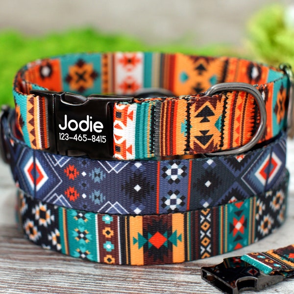 Southwest Dog Collar with Engraved Metal Buckle, Geometric Pattern Dog Collars, Aztec Tribal Pet Collars for Small Medium Large Dogs Puppy,