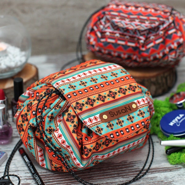 Sac cosmétique tribal, Cadeaux de Noël pour elle, Trousse de maquillage personnalisée, Organisateur cosmétique portable de voyage, Cadeaux personnalisés pour femmes