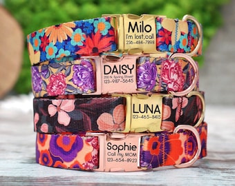 Personalized Flower Dog Collars, Floral Design Dog Collar with Metal Buckle, Adjustable Dog Collar, Custom Pet Collars for Boy Girl Dogs