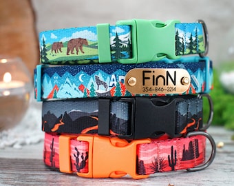 Nature Dog Collar with Name ID Tag, Mountains Print Dog Collar, Trees Dog Collar Forest, Pet Collar for Small Medium Large Dog Breeds