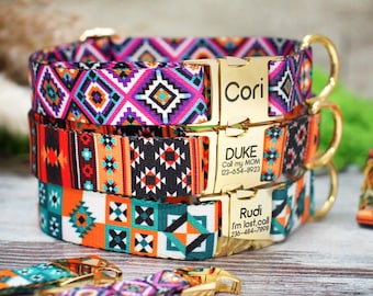 Personalized Dog Collar Pattern, Aztec Dog Collar Engraved, Southwest Print Dog Collar, Designer Dog Collars for Small Medium Large Dogs