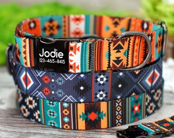 Southwest Dog Collar with Engraved Metal Buckle, Geometric Pattern Dog Collars, Aztec Tribal Pet Collars for Small Medium Large Dogs Puppy,