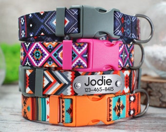 May include: A stack of four colorful dog collars with geometric patterns. The top collar is blue and gray, the second is pink and purple, the third is orange and black, and the bottom collar is orange and turquoise. The bottom collar has a silver name tag that reads "Jodie 123-465-8415".