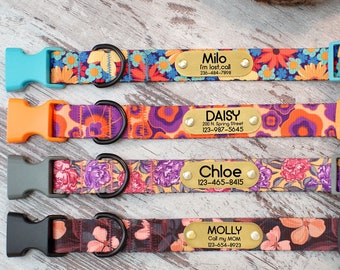 Flower Print Dog Collar Personalized, Custom Pet Collar, Floral Pattern Dog Collars, Cute Puppy Accessories, Engraved Dog Collar with Name