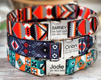 Engraved Dog Collar with Buckle, Custom Dog Collars, Tribal Aztec Pattern Dog Collar, Personalized Pet Collars for Small Large Dogs