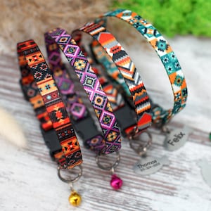 May include: Four colorful patterned cat collars with bell charms and metal name tags. The name tags read "Felix" and "Thomas 123-564-3225".