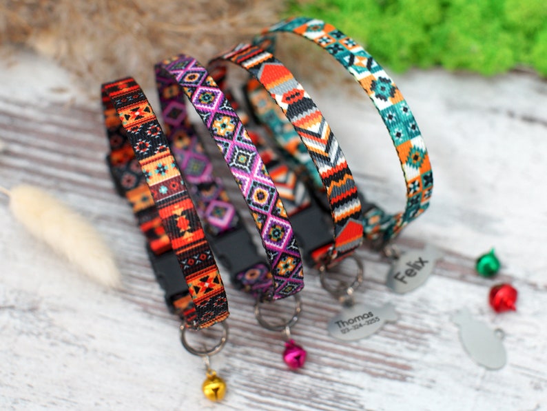 May include: Four colorful patterned cat collars with bell charms and metal name tags. The name tags read "Felix" and "Thomas 123-564-3225".