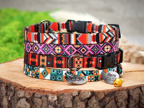 Personalized Cat Collar Breakaway, Soft Cat Collar with ID Name Tag, Pattern Cat Collars Tribal Boho Geometric, Kitten Collar