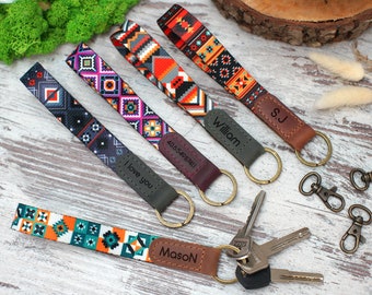Handgelenk Leder Schlüsselanhänger Personalisiert, Azteken Muster Schlüsselhalter, personalisierte Geschenke für Ihn, Schlüssel schlüssel Schlüsselband, personalisierter Schlüsselring