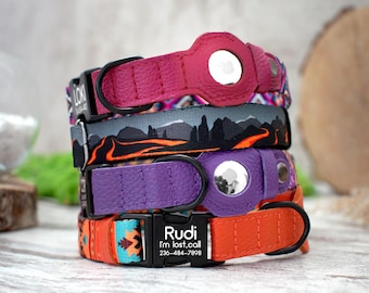 Coleira de couro para cachorro com suporte para AirTag e fivela de metal, coleira para cachorro com estampa AirTag, coleiras gravadas para cães pequenos e grandes, filhotes