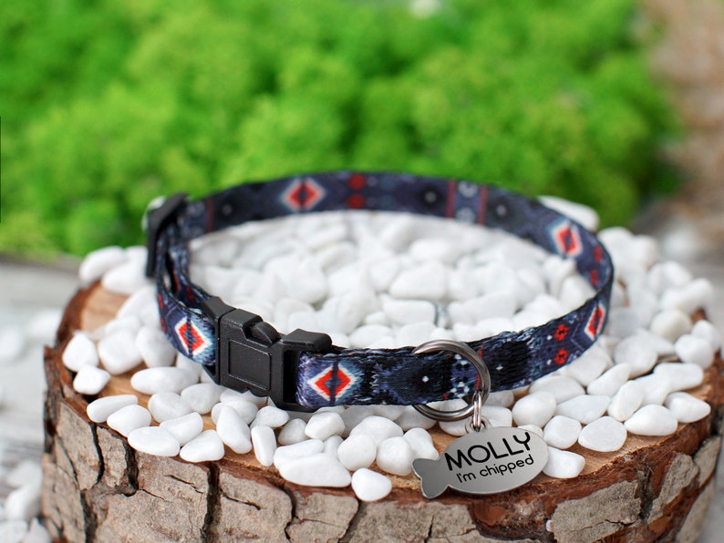 May include: A blue and red patterned cat collar with a black buckle and a silver tag that reads "MOLLY I'm chipped".