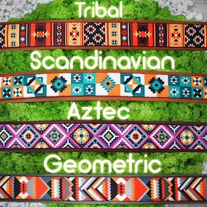 May include: Four different patterned guitar straps with the words "Tribal", "Scandinavian", "Aztec", and "Geometric" written above each strap.
