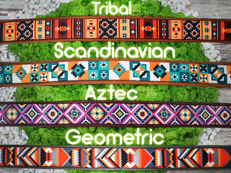 May include: Four different patterned guitar straps with the words "Tribal", "Scandinavian", "Aztec", and "Geometric" written above each strap.
