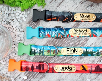 Collar de perro personalizado con nombre, collar de perro de patrón de puesta de sol, bosque de collar de perro de diseño, collar de mascota ajustable pequeño grande, collar de cachorro