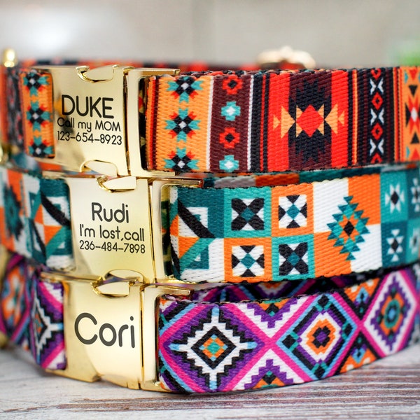 Tribal Dog Collar Personalized, Aztec Pattern Dog Collar with Engraved Metal Buckle, Geometric Dog Collar, Pet Collars for Small Large Dogs
