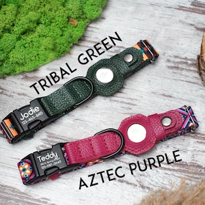 Peut inclure: Deux colliers pour chien avec des &eacute;tiquettes de nom personnalis&eacute;es. Le collier du haut est vert avec un motif tribal et le texte "Jodie 123-465-8415". Le collier du bas est rose avec un motif azt&egrave;que et le texte "Teddy 123-987-5645".