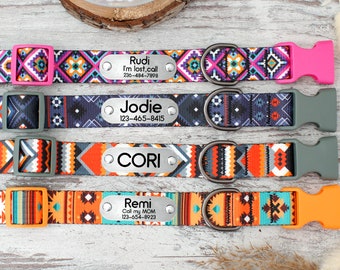 May include: Four colorful dog collars with silver personalized name tags. The collars feature a geometric pattern in shades of pink, blue, orange, and turquoise. The name tags include the names "Rudi", "Jodie", "Cori", and "Remi" with phone numbers.