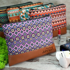Personalized Cosmetic Bag - 6 Different Pattern Available, Custom Makeup Bag, Personalized Gifts for Her, Leather Cosmetic Zipper Organizer