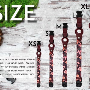 Peut inclure: Cinq colliers pour chien de diff&eacute;rentes tailles, du XS au XL, avec un motif floral dans des tons de rose et de bordeaux. Les colliers sont faits d'un mat&eacute;riau durable et ont une fermeture &agrave; boucle s&eacute;curis&eacute;e. Les colliers sont pr&eacute;sent&eacute;s sur une surface en bois avec le texte "SIZE" et le tableau des tailles indiqu&eacute; ci-dessous.