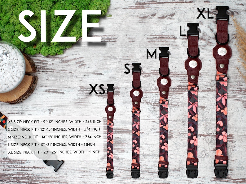 Peut inclure: Cinq colliers pour chien de diff&eacute;rentes tailles, du XS au XL, avec un motif floral dans des tons de rose et de bordeaux. Les colliers sont faits d'un mat&eacute;riau durable et ont une fermeture &agrave; boucle s&eacute;curis&eacute;e. Les colliers sont pr&eacute;sent&eacute;s sur une surface en bois avec le texte "SIZE" et le tableau des tailles indiqu&eacute; ci-dessous.