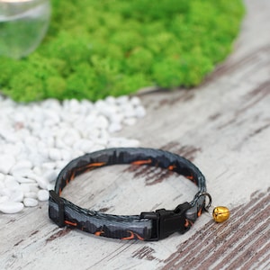 May include: A black and orange patterned cat collar with a black buckle and a gold bell.