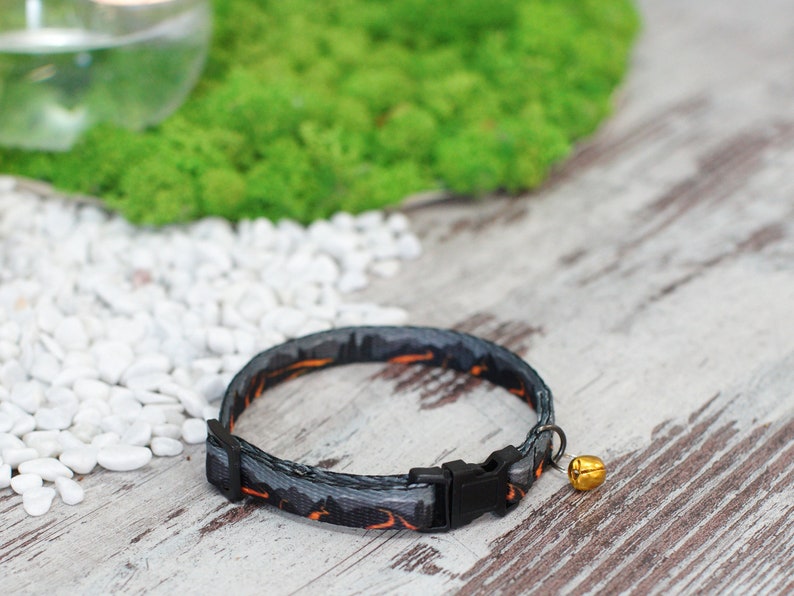 May include: A black and orange patterned cat collar with a black buckle and a gold bell.