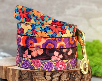 Custom Dog Leash with Metal Carabiner, Floral Pattern Puppy Leash Personalized, Engraved Boy Dog Leashes, Padded Dog Lead with Flower Design