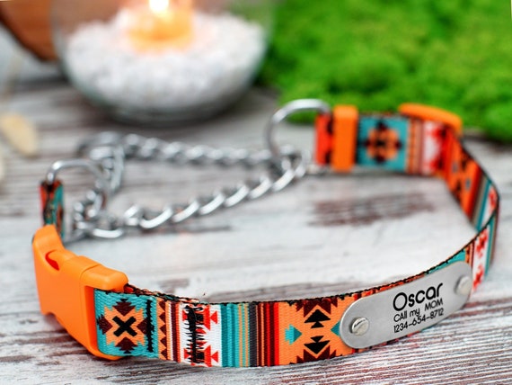 Personalized Martingale Collar with Chain, Custom Pet Collar, Pattern Martingale Dog Collar, Martingale Collar for Dogs, Dog Collar Aztec