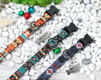 Breakaway Cat Collar Personalized, Custom Cat Collar with ID Tag, Pattern Cat Collar Tribal Aztec, Geometric Pet Collars for Cats Kitten