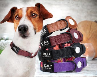 Coleira de cachorro Airtag personalizada - 8 padrões disponíveis, coleira de couro para cachorro com suporte para AirTag, coleira personalizada para animais de estimação, coleiras para cachorro Apple Air Tag