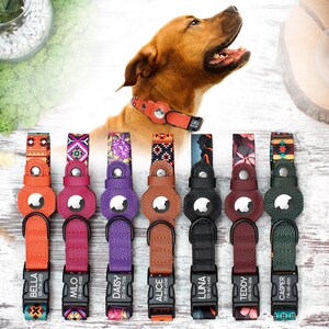 Op de afbeelding: Acht kleurrijke hondenhalsbanden met gepersonaliseerde naamplaatjes. Elke halsband heeft een ander patroon en een andere kleurencombinatie, waaronder oranje, rood, paars, bruin, zwart en groen. De halsbanden hebben een lederachtige afwerking en een metalen gesp.