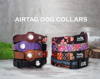 Coleira de cachorro Airtag personalizada, coleira de cachorro de couro personalizada com suporte AirTag, coleiras de animais de estimação com flores tribais florais para meninos e meninas, coleira de cachorro