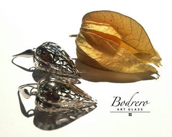 silver earrings, botanical earrings, alchechengi jewelry, blown pirex glass earrings, elegant earrings