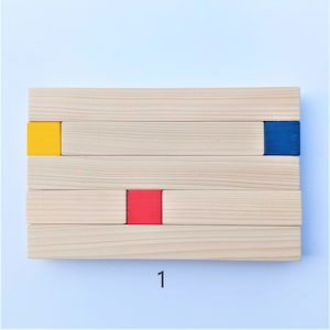 wooden underside, made of color cups and cubes, wood and natural paint, various dimensions