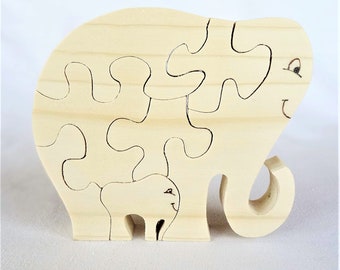 puzzle en bois "éléphant" en épicéa naturel découpé à la scie à chantourner, puzzle 7 pièces, jeux en bois,finition naturelle poncé très fin