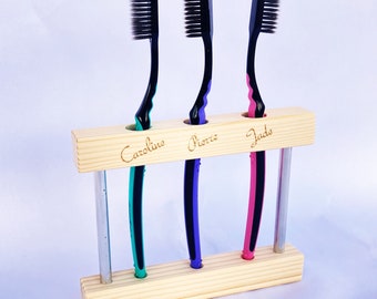 Support de brosse à dents en bois et aluminium ou tout en bois. Porte brosse à dents, rangement brosse à dents, salle de bain. gravure laser