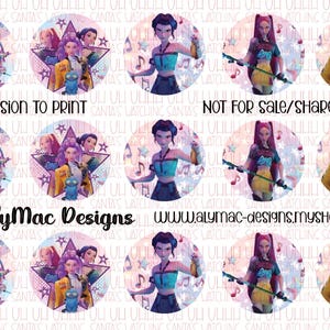 May include: Circular digital art featuring various female characters in vibrant outfits, set against a backdrop of musical notes and stars. The text "HUNTRIX" and "AlyMac Designs" are visible. The phrase "PERMISSION TO PRINT" is also present.