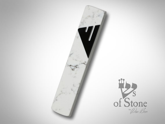 White mezuzah  marble  and black shin mezuzah case handmade shinsofstone judaica