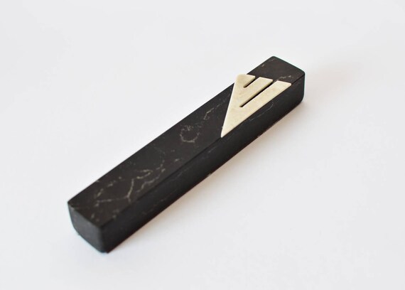 Black mezuzah brown/ black  and beige modern  marble mezuzah case for scroll shinsofstone hand made in Israel judaica