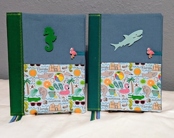 Fabric Book Cover with Pocket, Reusable, Journal, Florida tropical fabric, Seahorse, Shark