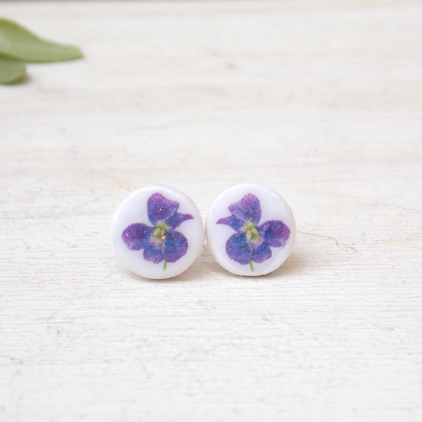 Violet earrings, violet stud earrings, purple earrings, purple studs, violet studs, purple flower studs, wildflower earrings, flower studs