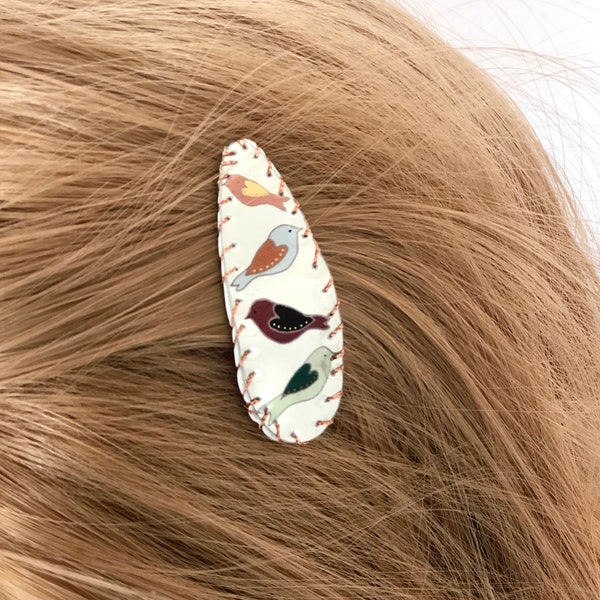 Birds barrette, earth tone bird hair clip, snap clip, for women, girls, autumn hair clip, teardrop snap clip, silver bird, nature barrette