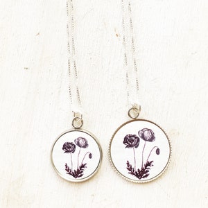 Collar de flor de nacimiento, agosto, collar de amapola, plata, para mujer, regalo de cumpleaños o aniversario de agosto, collar de flores silvestres, colgante de amapola
