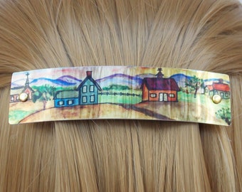 Village and mountains barrette, French barrette, landscape, houses, barn, church, mountains, for women, French clip, thick hair