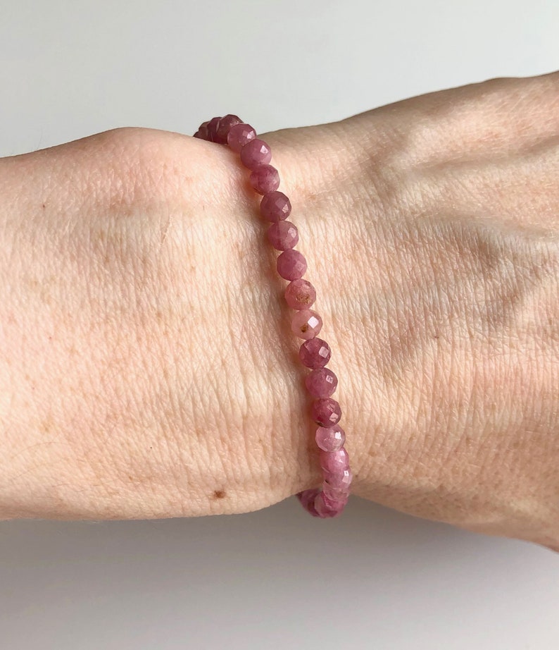 Pink tourmaline stretch bracelet, genuine pink tourmaline beaded bracelet for women, faceted gemstones, delicate, October birthstone image 5