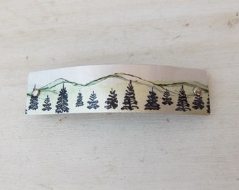 Pine tree and mountain barrette, French barrette, forest barrette, wilderness, hair clip, for women, silver, woodland, nature, hiker gift